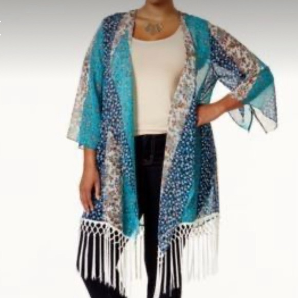 Ing Sweaters - Ing Blue and White Fringe Trim Poncho
